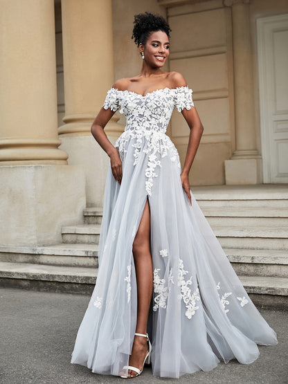 Vestido de Novia Sin Mangas en Corte A con Abertura en Color Marfil/Gris