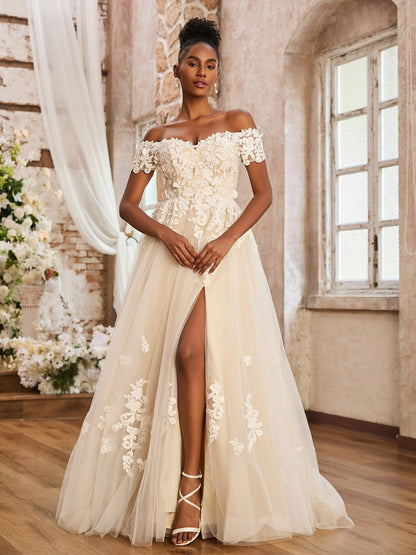 Vestido de Novia Corte A Fuera de los Hombros con Abertura en Color Marfil