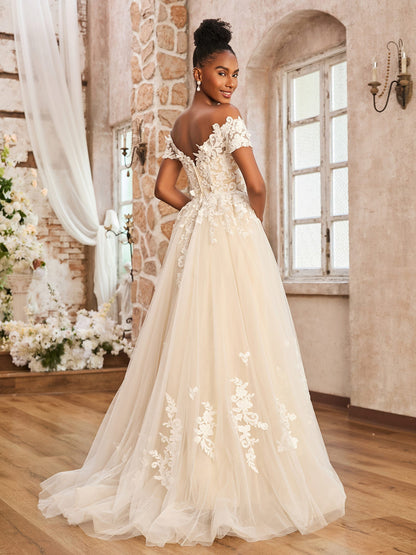 Vestido de Novia Corte A Fuera de los Hombros con Abertura en Color Marfil