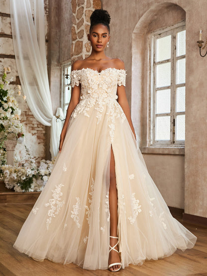 Vestido de Novia Corte A Fuera de los Hombros con Abertura en Color Marfil