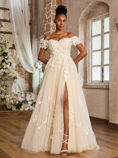 Vestido de Novia Corte A Fuera de los Hombros con Abertura en Color Marfil