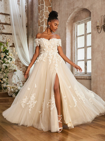 Vestido de Novia Corte A Fuera de los Hombros con Abertura en Color Marfil