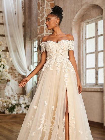 Vestido de Novia Corte A Fuera de los Hombros con Abertura en Color Marfil