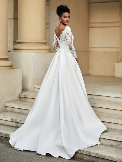 Vestido de Novia A-line con Espalda Descubierta en Encaje y Detalle de Botón Marfil