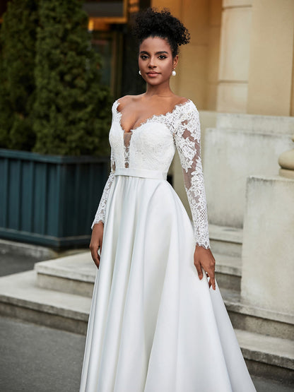 Vestido de Novia A-line con Espalda Descubierta en Encaje y Detalle de Botón Marfil