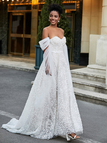 Ivoire Sans Manches Robe de Mariée A-ligne en Dentelle avec Col en Coeur