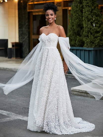 Ivoire Sans Manches Robe de Mariée A-ligne en Dentelle avec Col en Coeur