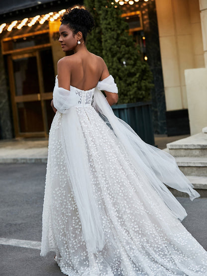Ivoire Sans Manches Robe de Mariée A-ligne en Dentelle avec Col en Coeur