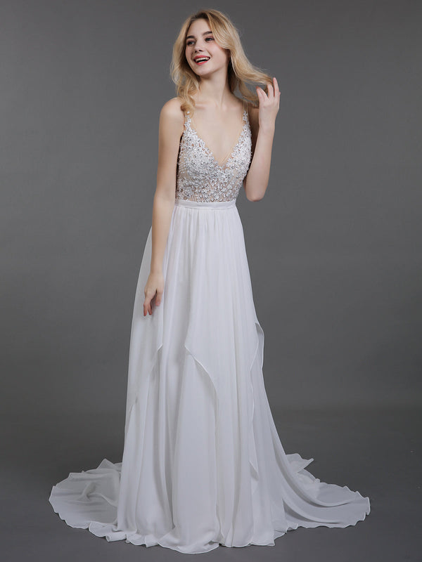 Vestido de Novia Marfil de Mousseline con Perlas y Cuello en V