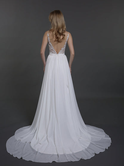 Vestido de Novia Marfil de Mousseline con Perlas y Cuello en V