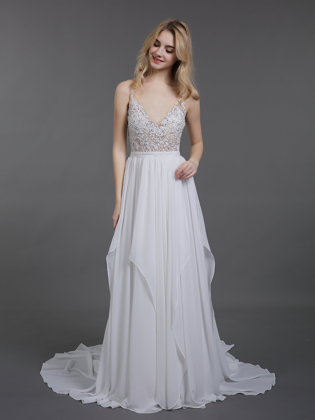 Vestido de Novia Marfil de Mousseline con Perlas y Cuello en V