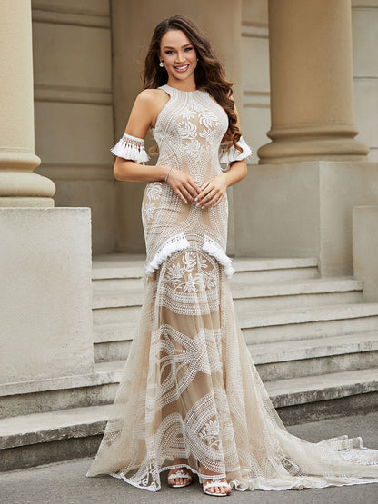 Vestido de Novia Sirena de Encaje con Flecos y Cola Barrida en Color Champagne