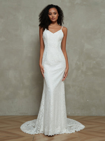 Vestido de Novia Sirena de Encaje Simple con Tirantes Espagueti en Color Marfil