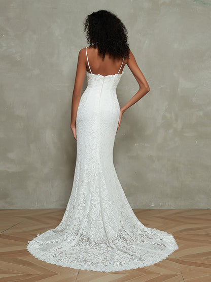 Vestido de Novia Sirena de Encaje Simple con Tirantes Espagueti en Color Marfil