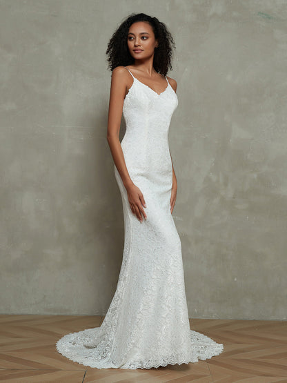 Vestido de Novia Sirena de Encaje Simple con Tirantes Espagueti en Color Marfil