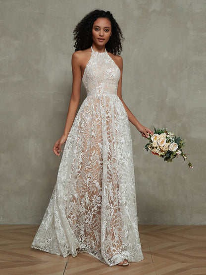 Vestido de Novia de Encaje Nude Ivoire con Escote Halter y Longitud Hasta el Suelo - Estilo de la Imagen