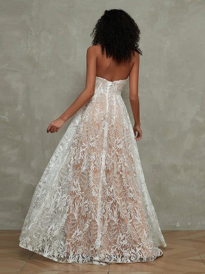 Vestido de Novia de Encaje Nude Ivoire con Escote Halter y Longitud Hasta el Suelo - Estilo de la Imagen