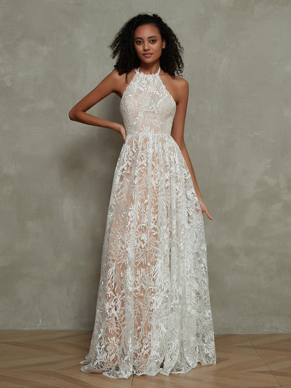 Vestido de Novia de Encaje Nude Ivoire con Escote Halter y Longitud Hasta el Suelo - Estilo de la Imagen