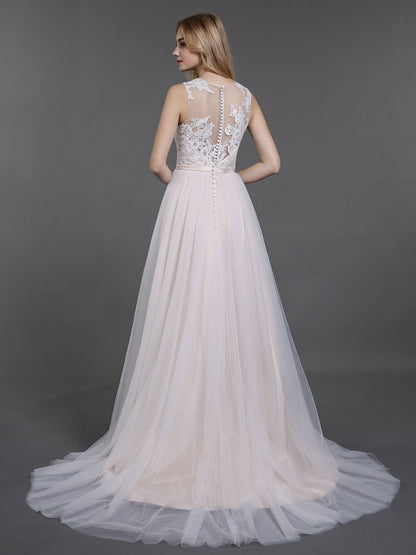 Vestido de Novia Marfil con Encaje y Tul y Botones en la Espalda