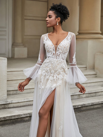 Robe de Mariée A-ligne en Dentelle et Tulle avec Col en V Ivoire
