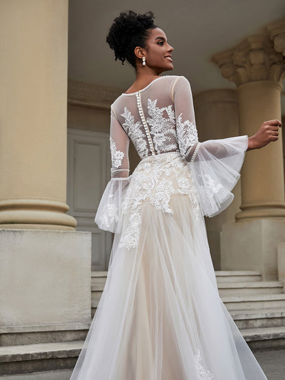 Robe de Mariée A-ligne en Dentelle et Tulle avec Col en V Ivoire