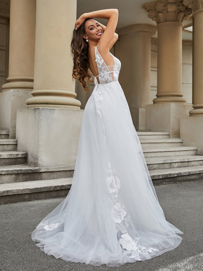 Vestido de Novia Marfil de Tul y Encaje con Escote en V