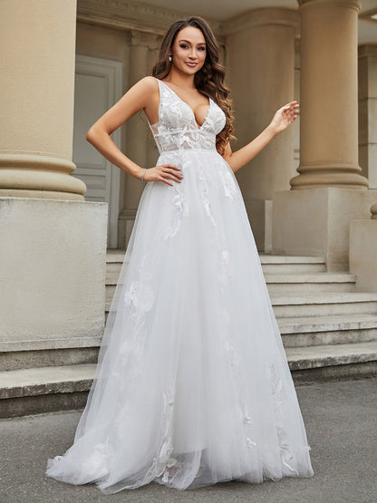 Vestido de Novia Marfil de Tul y Encaje con Escote en V