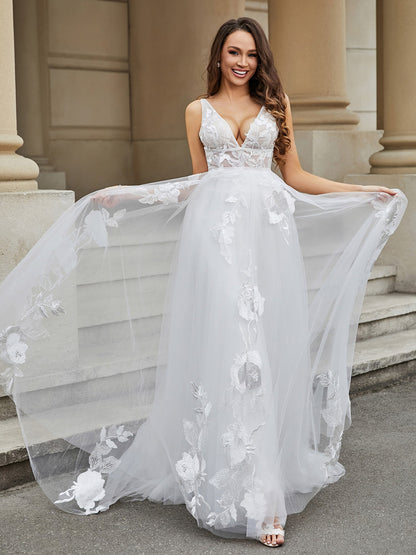 Vestido de Novia Marfil de Tul y Encaje con Escote en V