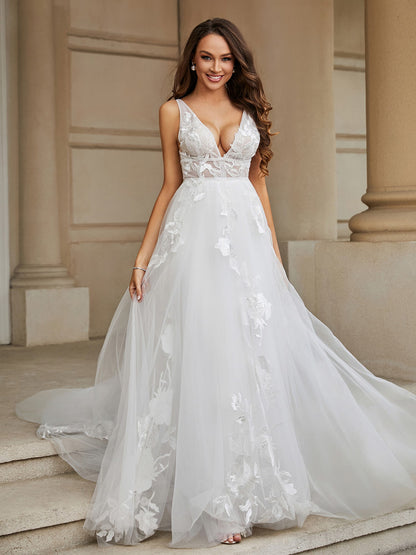 Vestido de Novia Marfil de Tul y Encaje con Escote en V