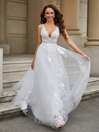 Vestido de Novia Marfil de Tul y Encaje con Escote en V