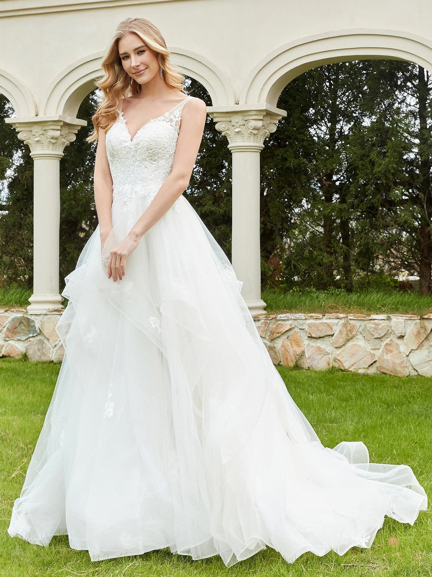 Vestido de Novia Sin Mangas de Tul con Escote en V Color Marfil