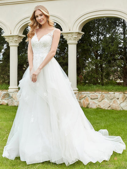 Vestido de Novia Sin Mangas de Tul con Escote en V Color Marfil