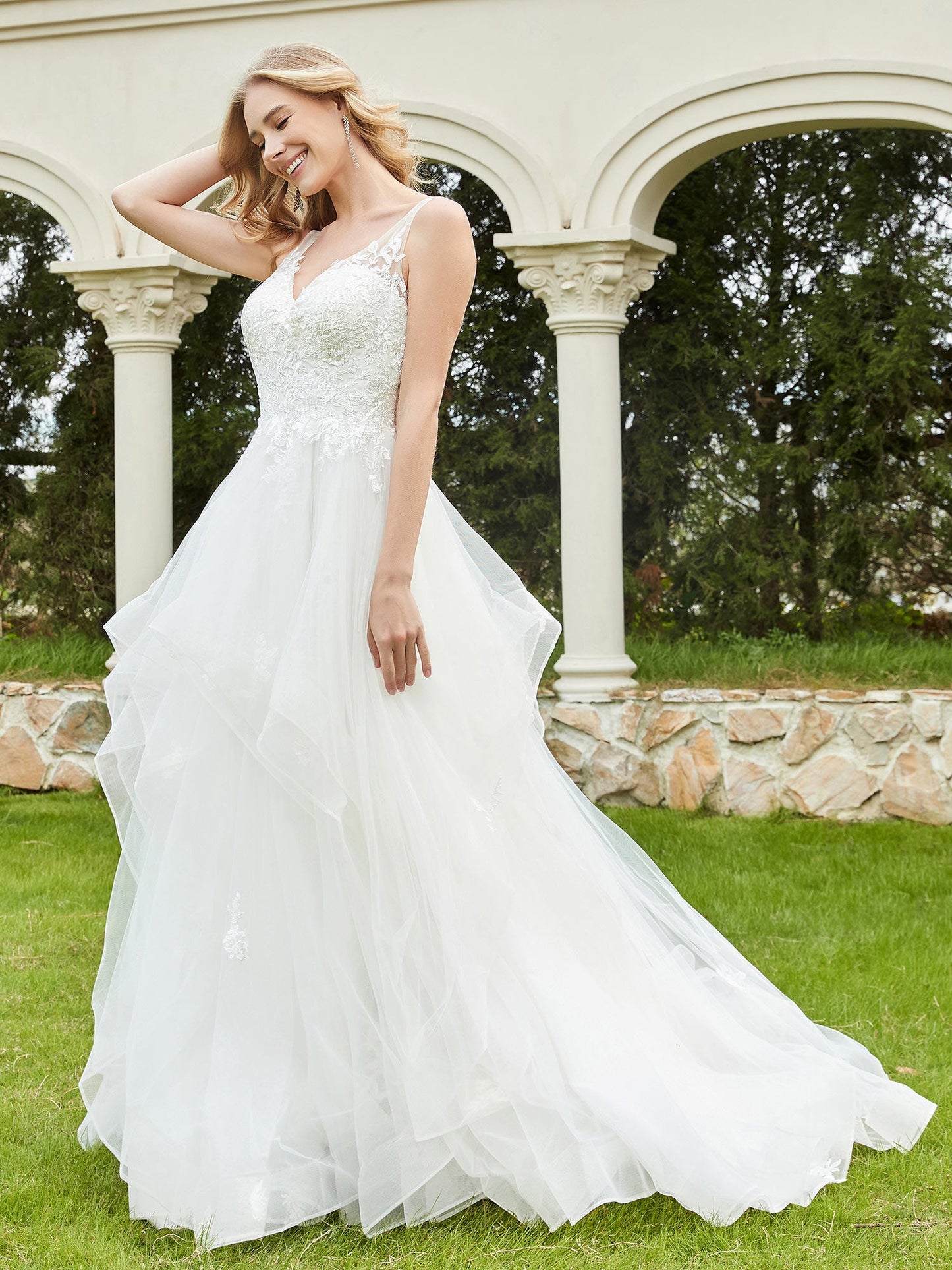 Vestido de Novia Sin Mangas de Tul con Escote en V Color Marfil