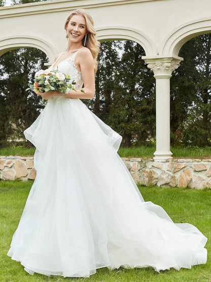 Vestido de Novia Sin Mangas de Tul con Escote en V Color Marfil