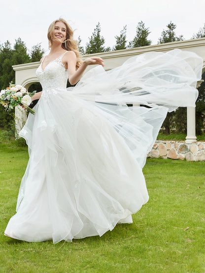 Vestido de Novia Sin Mangas de Tul con Escote en V Color Marfil