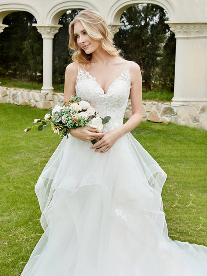 Vestido de Novia Sin Mangas de Tul con Escote en V Color Marfil