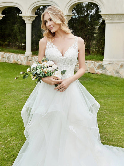 Vestido de Novia Sin Mangas de Tul con Escote en V Color Marfil