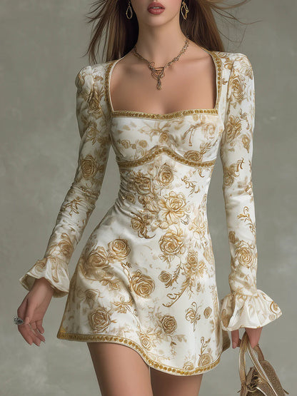 Vestido Mini Vintage Elegante con Estampado de Rosas