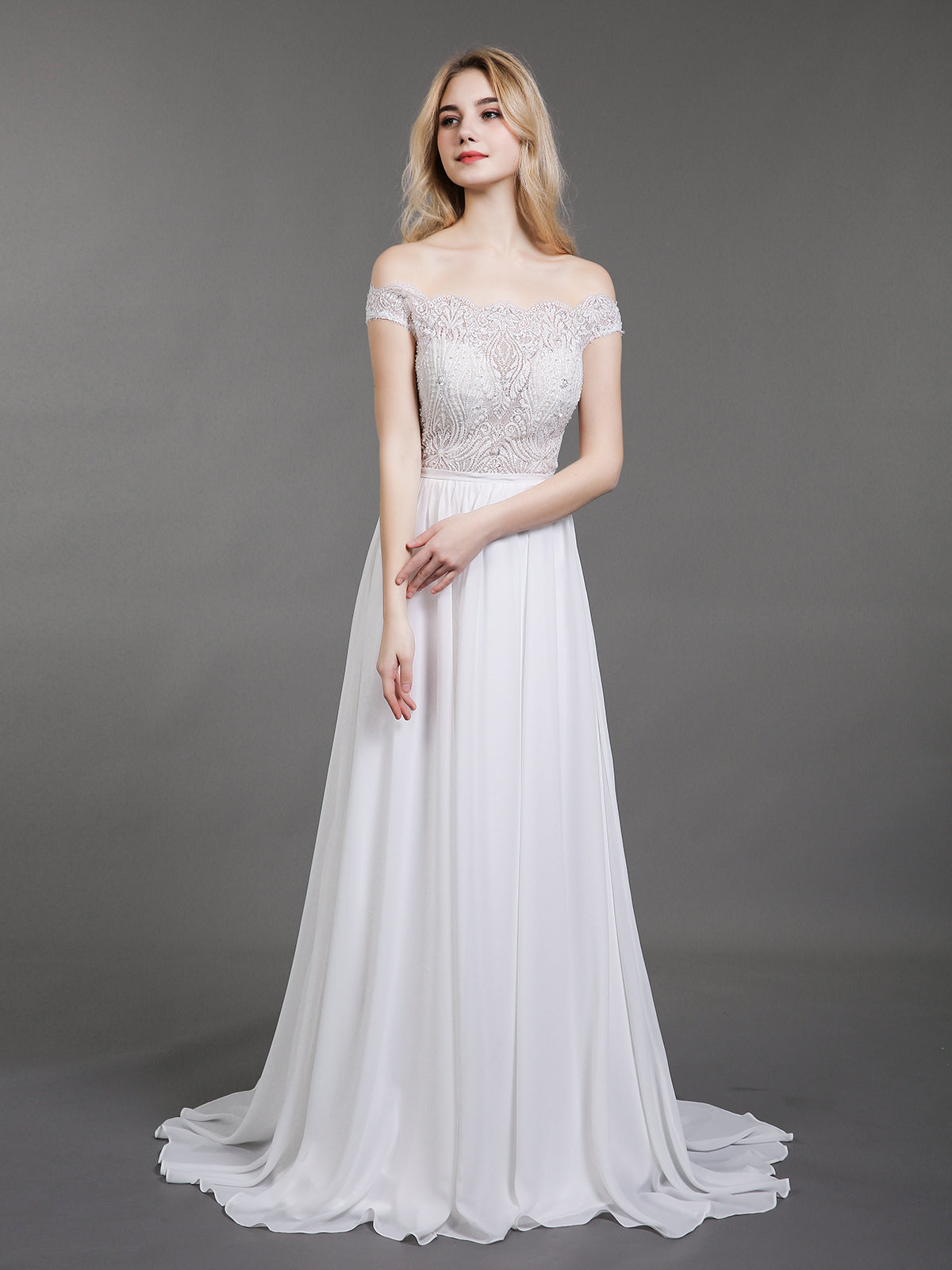 Vestido de Novia Marfil con Busto Transparente y Diseño Fuera del Hombro