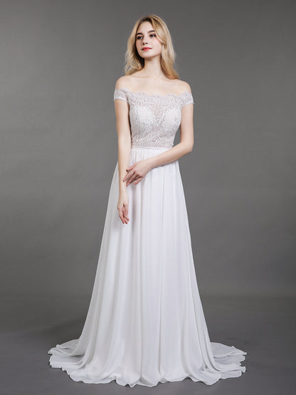 Vestido de Novia Marfil con Busto Transparente y Diseño Fuera del Hombro