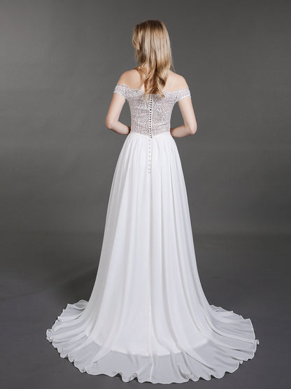 Vestido de Novia Marfil con Busto Transparente y Diseño Fuera del Hombro