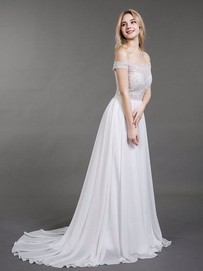Vestido de Novia Marfil con Busto Transparente y Diseño Fuera del Hombro