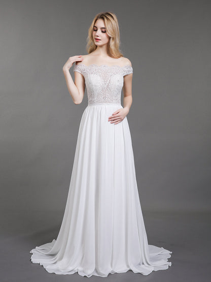 Vestido de Novia Marfil con Busto Transparente y Diseño Fuera del Hombro