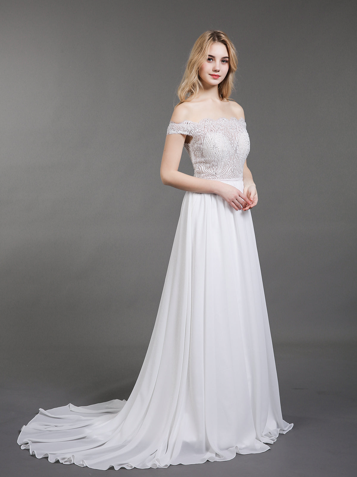 Vestido de Novia Marfil con Busto Transparente y Diseño Fuera del Hombro