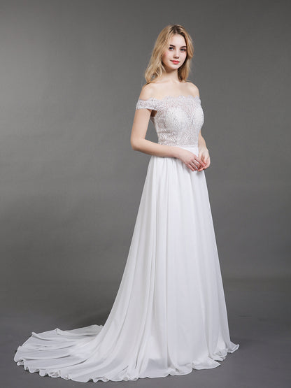 Vestido de Novia Marfil con Busto Transparente y Diseño Fuera del Hombro