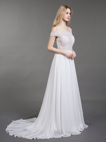 Vestido de Novia Marfil con Busto Transparente y Diseño Fuera del Hombro
