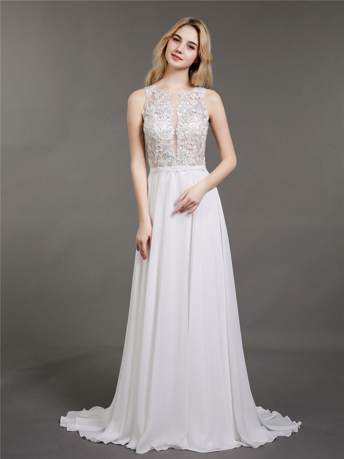 Vestido de Novia Marfil con Encaje, Muselina y Perlas