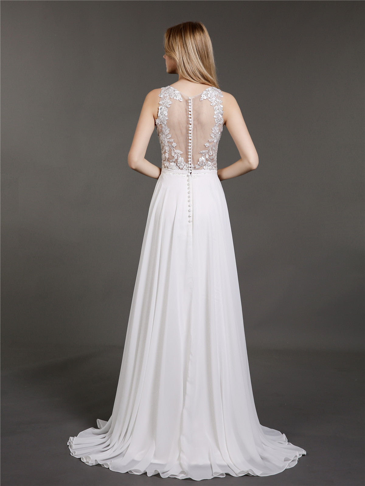 Vestido de Novia Marfil con Encaje, Muselina y Perlas