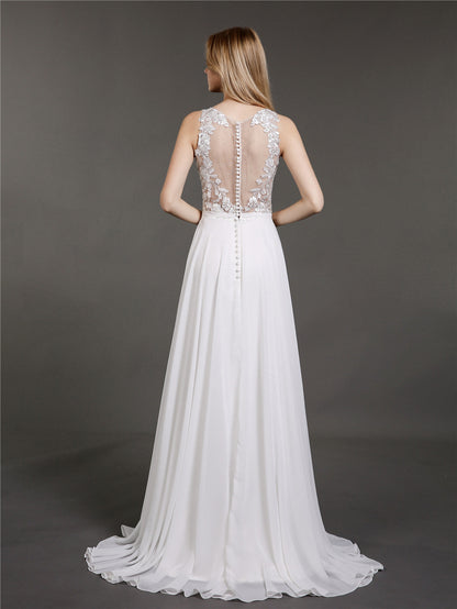 Vestido de Novia Marfil con Encaje, Muselina y Perlas