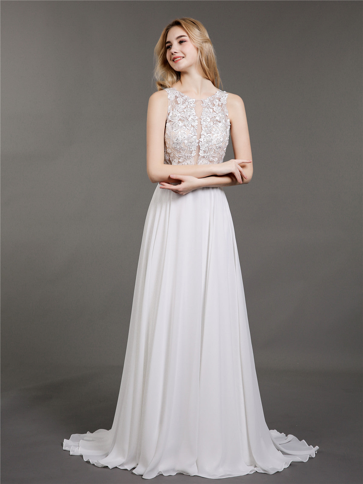 Vestido de Novia Marfil con Encaje, Muselina y Perlas